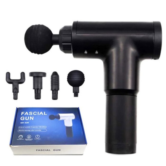 Акумуляторний масажер Fascial Gun KH-320 портативний ручний ударний м'язовий пістолет 4 насадки чорний