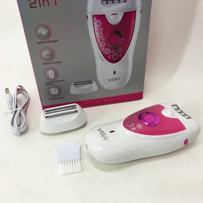 Епілятор VGR V-722 акумуляторний 2 швидкості 32 пінцети з насадками. Колір: рожевий