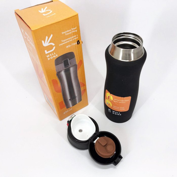 Термокухоль вакуумний Well Done WD-7164B 420 мл чорний, Термос для кави, Термос похідний