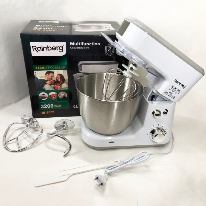 Кухонний комбайн Rainberg RB-8082 3200 Вт, Планетарний міксер-тестоміс з чашею 5л, 3 насадки, 6 швидкостей