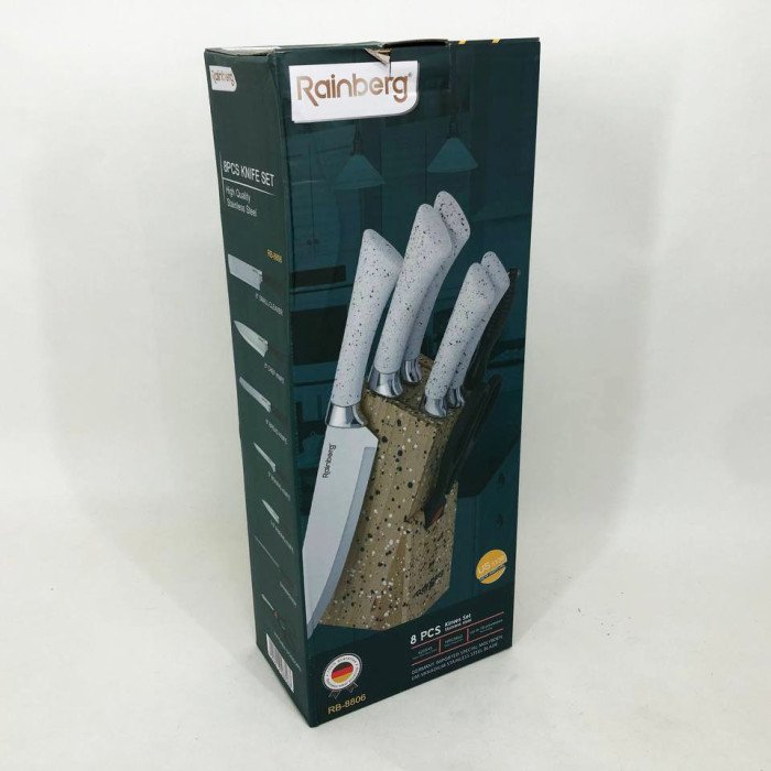Набір ножів Rainberg RB-8806 на 8 предметів з ножицями та підставкою з нержавіючої сталі. Колір: білий
