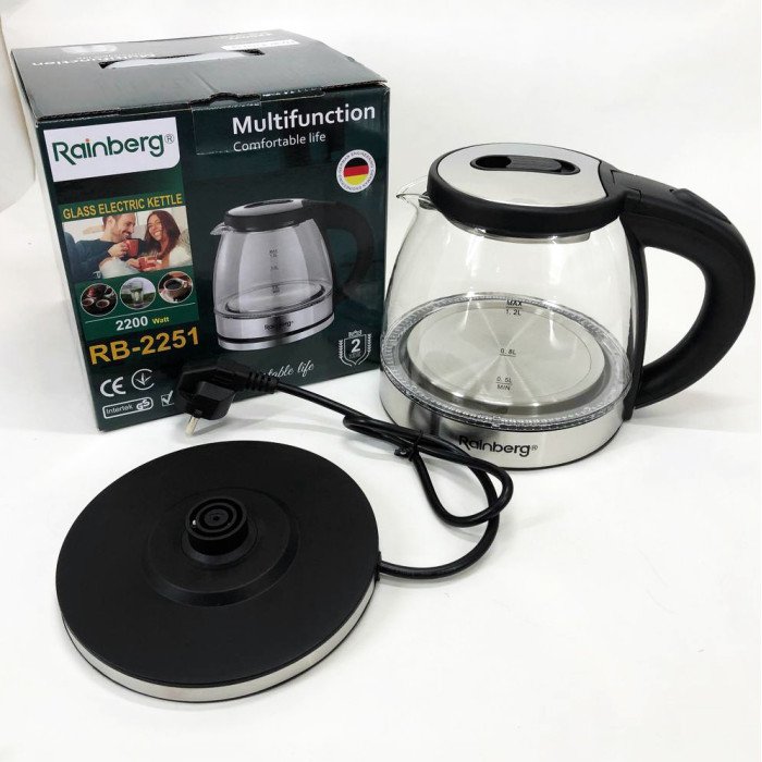 Електрочайник скляний Rainberg RB-2251 - 1л, стильний електричний чайник, безшумний чайник
