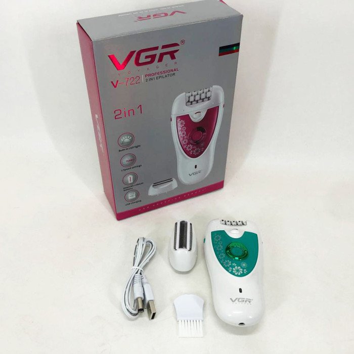 Епілятор VGR V-722 акумуляторний 2 швидкості 32 пінцети з насадками, депілятор для волосся. Колір: зелений