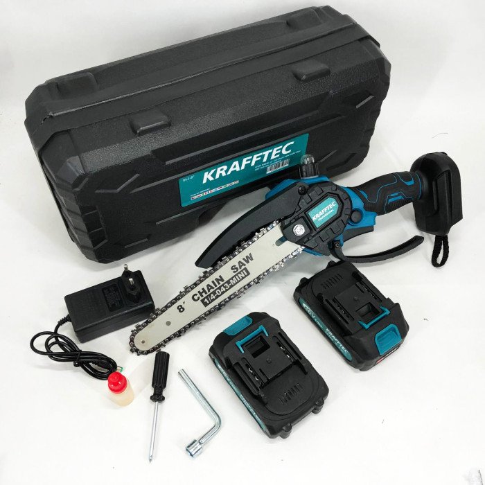 Акумуляторна ланцюгова міні пила 20 см у кейсі Krafftec (36V 4 Ач) + 2 акумулятори та індикатором заряду