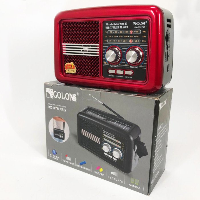 Радіо приймач Golon RX-BT978S сонячна панель AUX 3.5mm, Радіо приймач з акумулятором. Колір: червоний