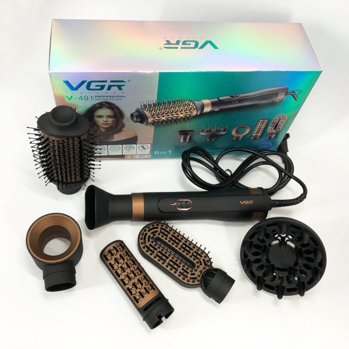 Фен стайлер для укладання та завивки волосся VGR V-491 6 в 1, Professional, 1000 Вт, Фен з насадками