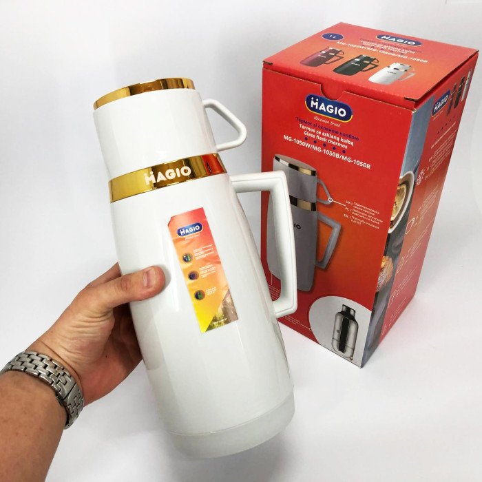 Термос Magio MG-1050W зі скляною колбою, Хороший невеликий термос для питної води. Колір: білий