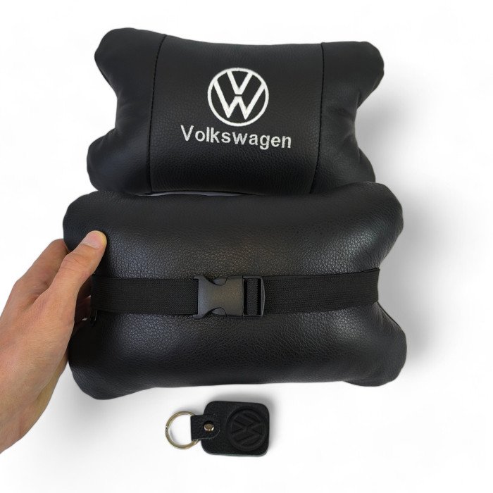 Набір подушок 2шт в авто Volkswagen з натуральної шкіри, на підголовник у машину, Автомобільна  подушка