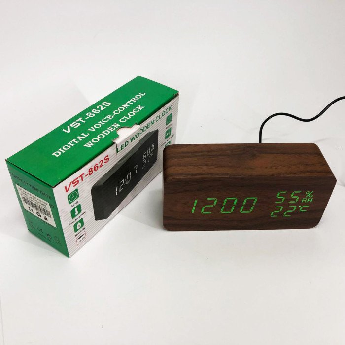 Електронні настільні годинники VST-862S-4 коричневі з зеленим підсвічуванням, з датчиками температури та вологості