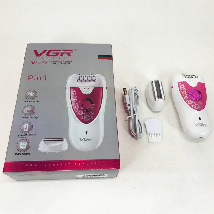 Епілятор VGR V-722 акумуляторний 2 швидкості 32 пінцети з насадками. Колір: рожевий