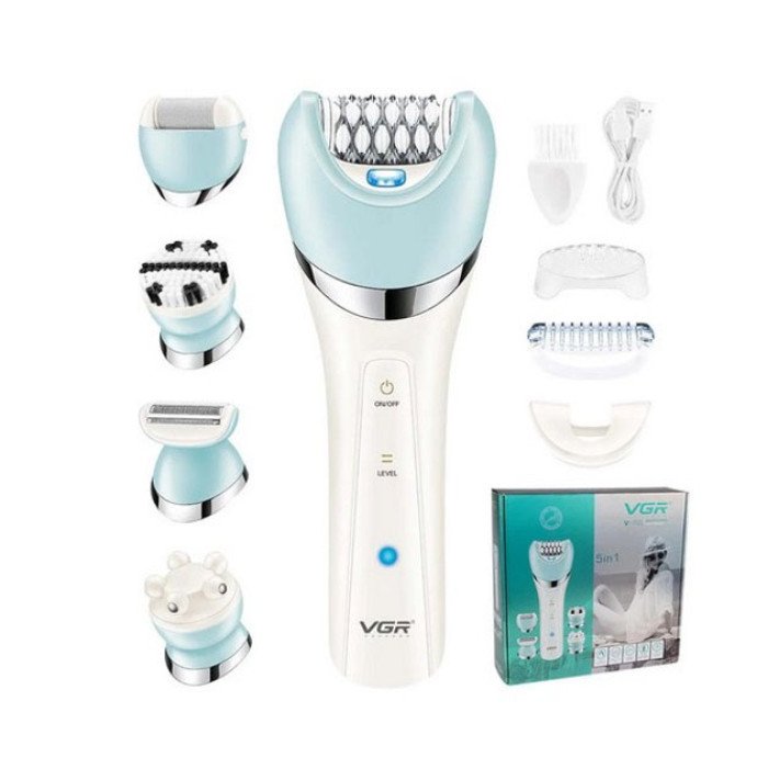 Епілятор жіночий з триммером VGR V-703 5в1 для видалення волосся на тілі акумуляторна пемза масажна насадка