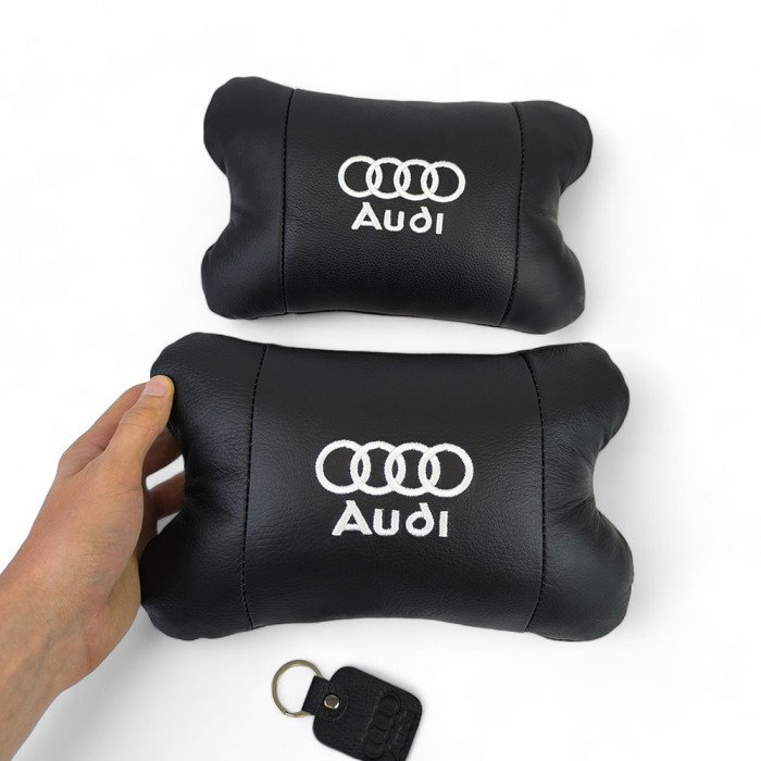 Набір автодушки 2шт на підголовник Audi / Ауді з натуральної шкіри чорна / Підголовник в машину