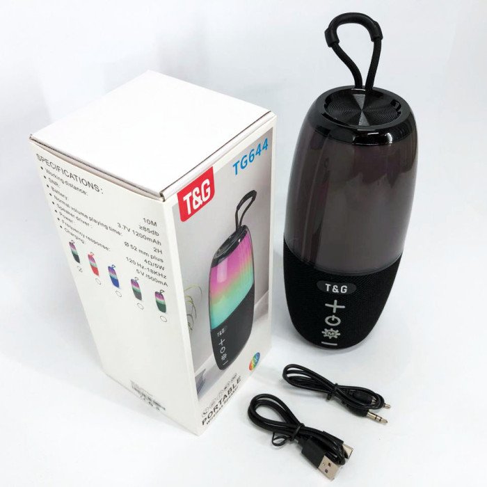 Портативна колонка TG644 5W з RGB підсвічуванням та ремінцем, блютуз колонка з акумулятором. Колір: чорний