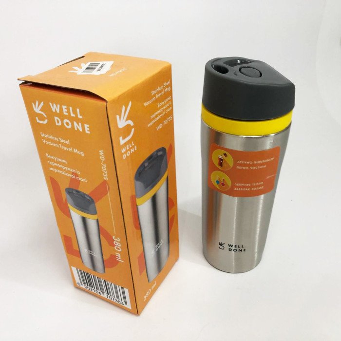 Термокухоль Well Done WD-7073S вакуумний 380 мл, Якісний термос для дому, Термос для напоїв