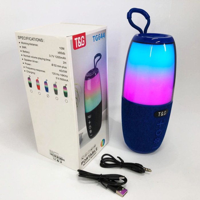 Портативна колонка TG644 5W з RGB підсвічуванням та ремінцем, музичні колонки для вулиці. Колір: синій