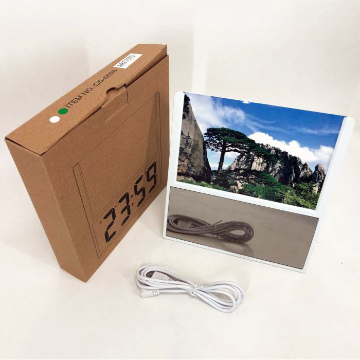 Електронний дротовий настільний цифровий годинник DS-6608 з фоторамкою, зелене підсвічування. Колір: білий