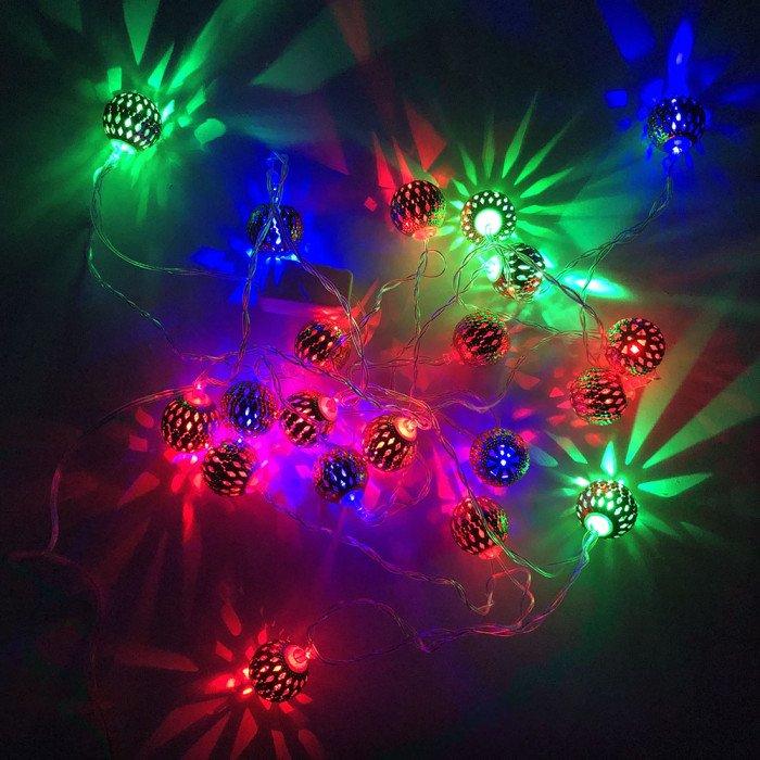 Гірлянда металеві кульки, різнобарвна, провід прозорий, 3м