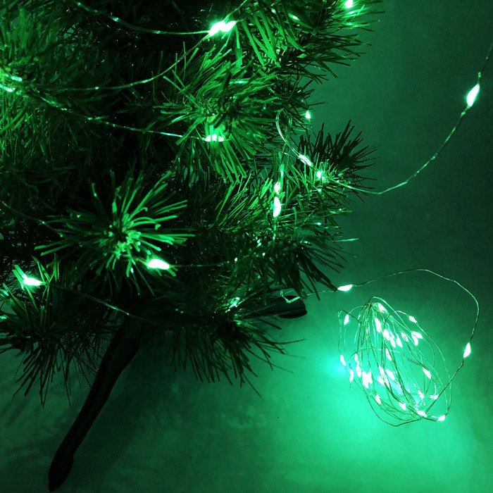 Гірлянда світлодіодна роса на батарейках зелена, провід прозорий, 5м
