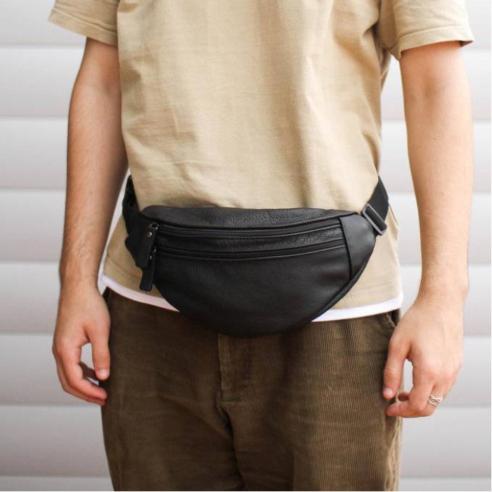 Бананка з натуральної шкіри, сумка чоловіча-жіноча барсетка чорна сумочка