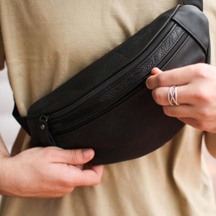 Бананка з натуральної шкіри, сумка чоловіча-жіноча барсетка чорна сумочка