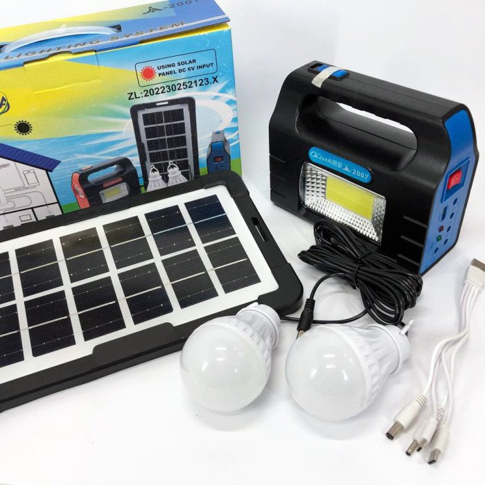 Ліхтар портативний на сонячній батареї JA-2007 сонячна зарядна станція + 2 лампочки. Колір: блакитний