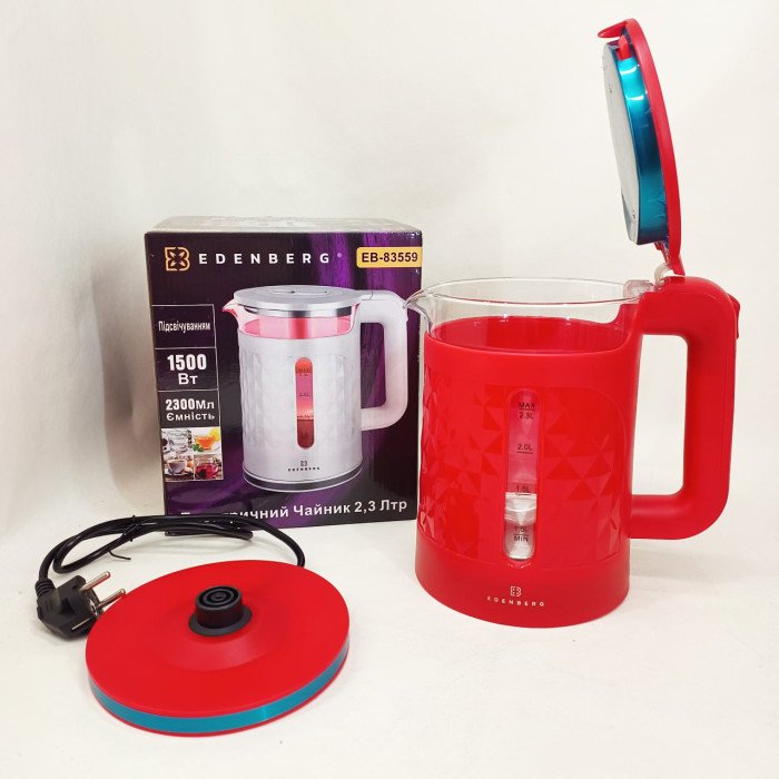 Електрочайник скляний Edenberg EB-83559 2.3л 1500Вт Red