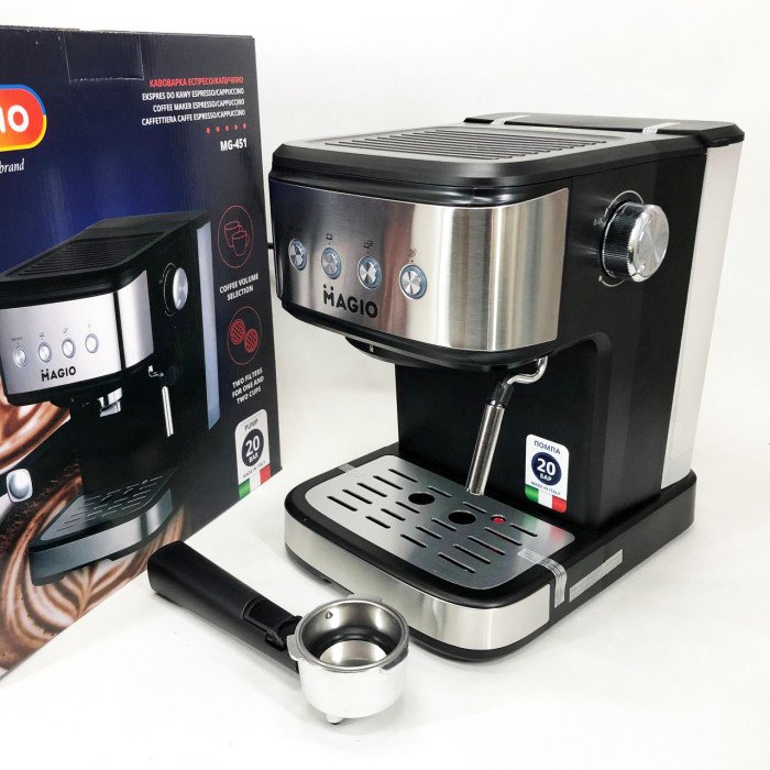 Кавоварка рожкова MAGIO MG-451, Кавоварка рожкова з капучинатором, Кавоварка з прозорим резервуаром
