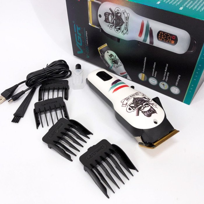 Машинка для стрижки волосся та бороди професійна VGR V-699 B з насадками та LED дисплеєм. Колір: білий