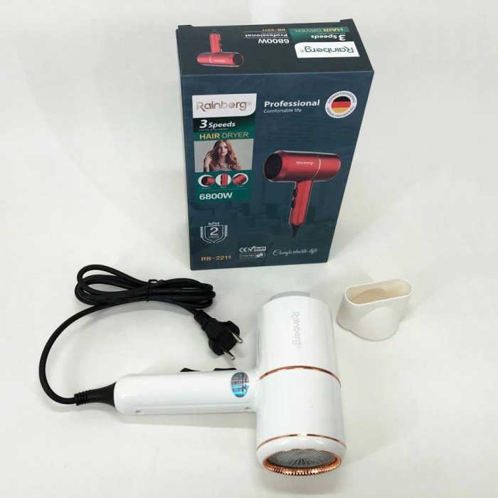 Фен для укладання та сушіння волосся Rainberg RB-2211 + насадка-концентратор. Колір: білий