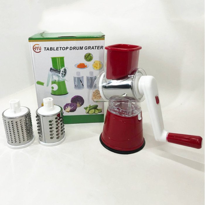 Овочерізка мультислайсер Tabletop Drum Grater Kitchen Master Терка для овочів та фруктів 3 насадки. Колір: червоний