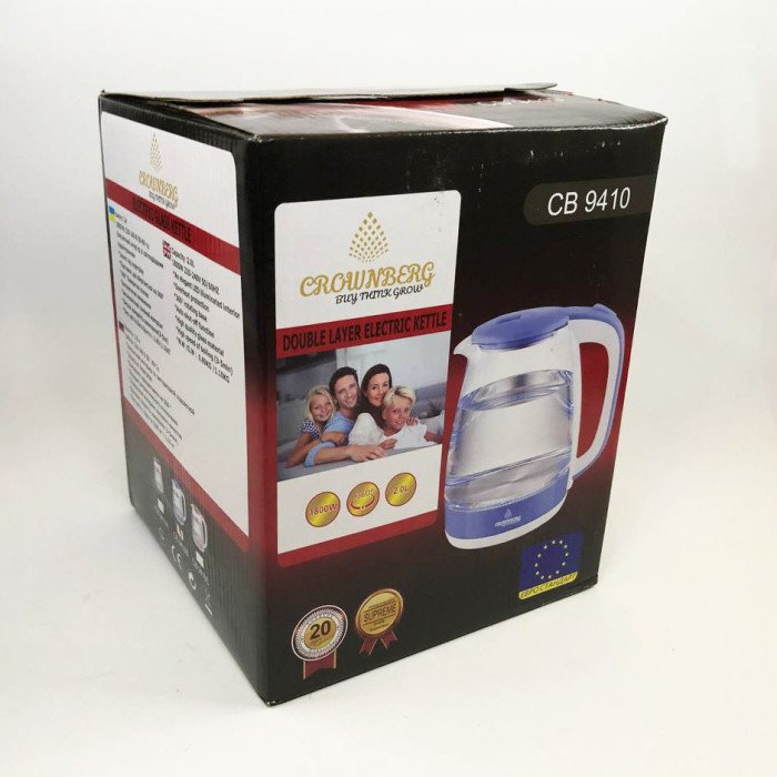 Електричний скляний чайник Crownberg CB-9410B, тихий електричний чайник. Колір блакитний