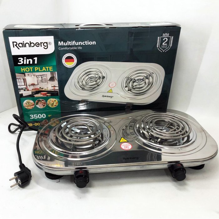 Електрична плита Rainberg RB-008 на 2 поверхні спіральна + 2 регулятори 3500 Вт