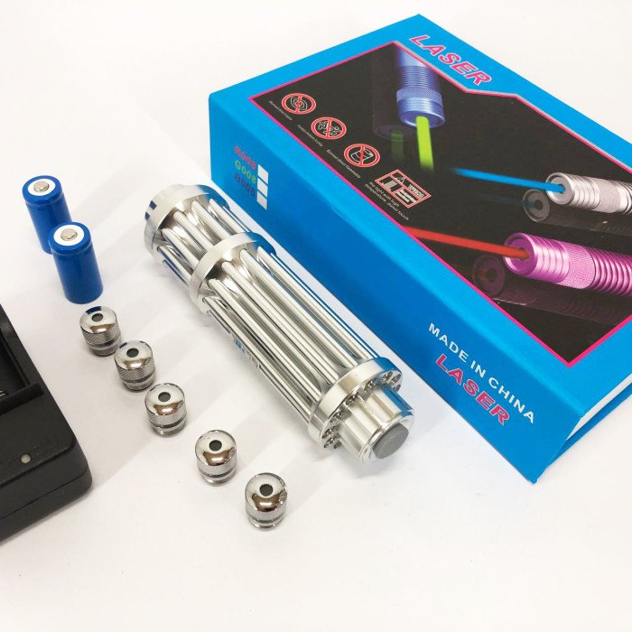 Потужна лазерна указка YX-B017, синій промінь, 5 насадок, акумулятор 2х16340, надпотужна лазерна указка