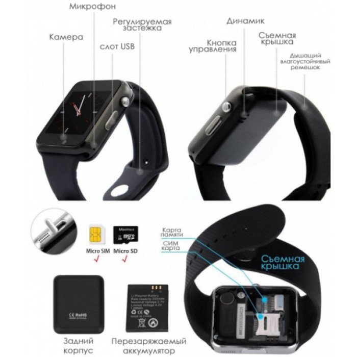 Смарт-годинник Smart Watch A1 розумний електронний зі слотом під sim-карту + карту пам'яті micro-sd. Колір: чорний