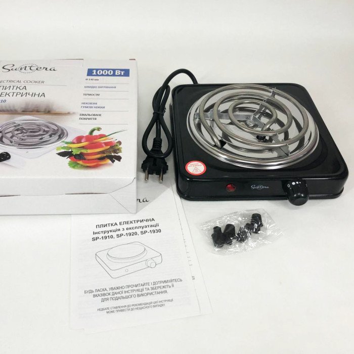 Плита електрична Suntera SP-1910, електроплита 1000 w, електроплита 1 комфорка. Колір: чорний