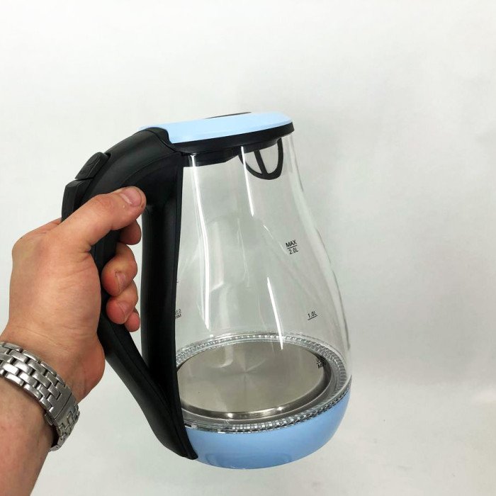 Чайник електричний скляний Rainberg RB-914, прозорий чайник з підсвічуванням. Колір: блакитний