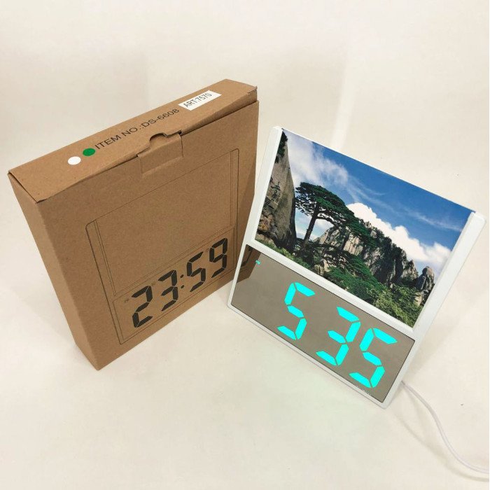 Електронний дротовий настільний цифровий годинник DS-6608 з фоторамкою, зелене підсвічування. Колір: білий