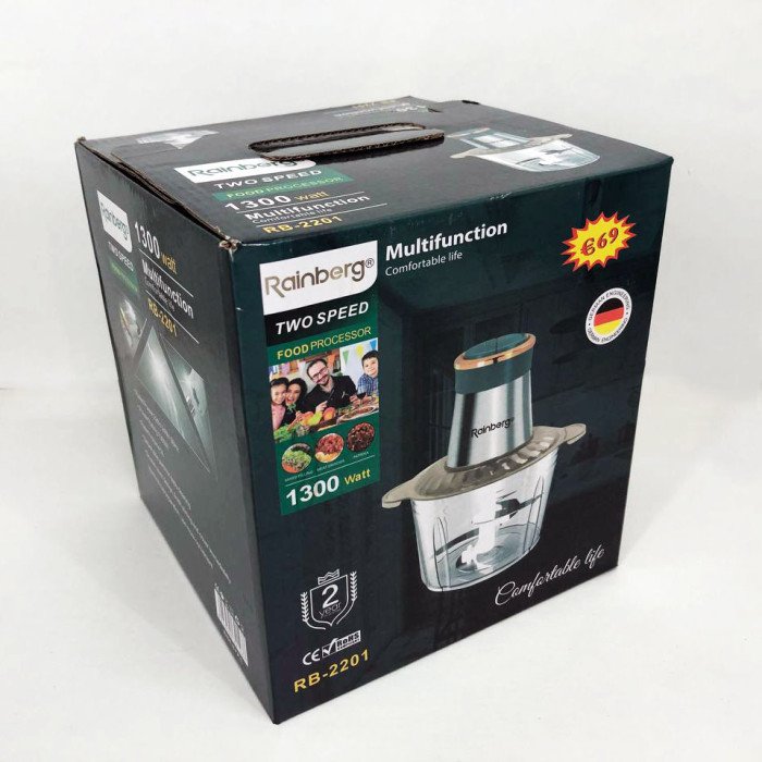 Блендер стаціонарний Rainberg RB-2201 кухонний подрібнювач 1300W чаша скляна на 2 л подвійне лезо чоппер