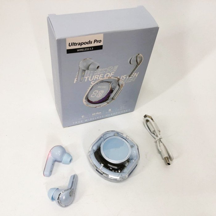 Бездротові навушники TWS T8 PRO з прозорим кейсом Вакуумний LED дисплей Bluetooth 5.3. Колір: блакитний