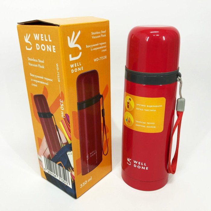 Термос вакуумний Well Done WD-7153R 350 мл, Якісний термос для дому, для напоїв. Колір: червоний