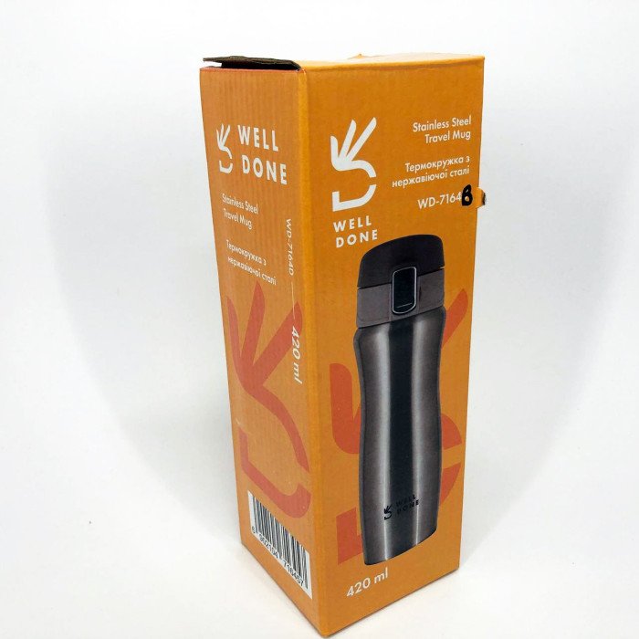 Термокухоль вакуумний Well Done WD-7164B 420 мл чорний, Термос для кави, Термос похідний