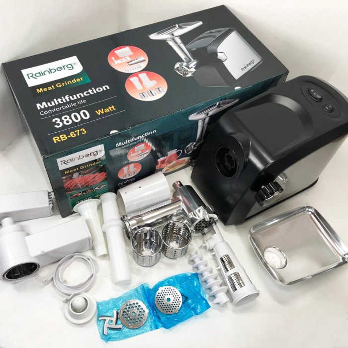 Електрична м'ясорубка Rainberg RB-673 із соковижималкою та шатківницею 9 насадок 3000W з реверсом