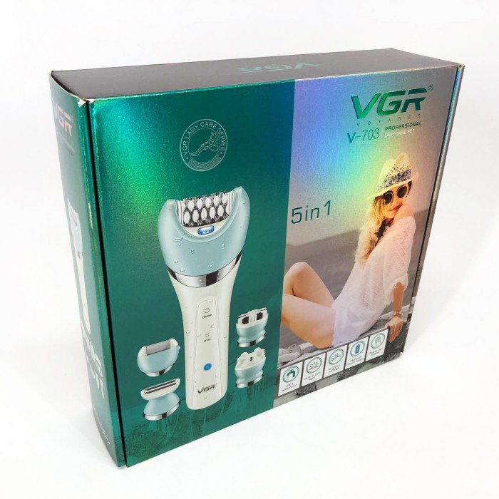 Епілятор жіночий з триммером VGR V-703 5в1 для видалення волосся на тілі акумуляторна пемза масажна насадка