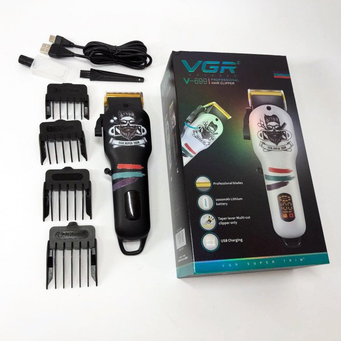 Машинка для стрижки волосся та бороди професійна VGR V-699 B з насадками та LED дисплеєм. Колір: чорний