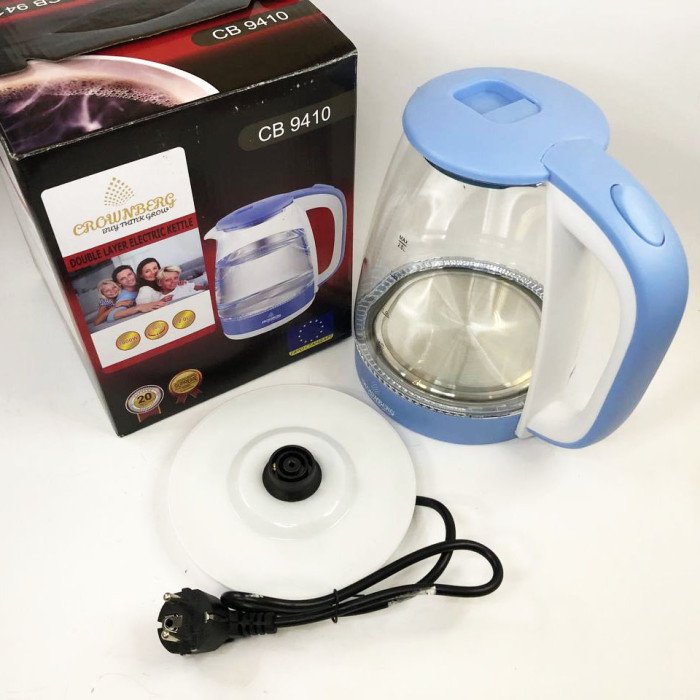 Електричний скляний чайник Crownberg CB-9410B, тихий електричний чайник. Колір блакитний