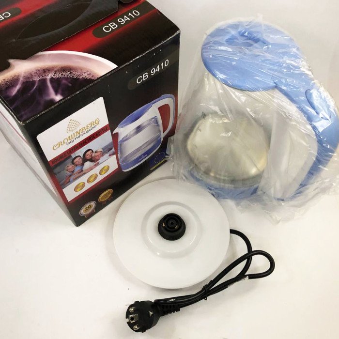 Електричний скляний чайник Crownberg CB-9410B, тихий електричний чайник. Колір блакитний