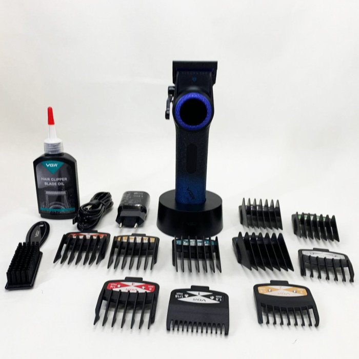 Професійна машинка для стрижки волосся VGR V-001 BLUE з дисплеєм 9000 об/хв та 10 насадками 1,5-24 мм