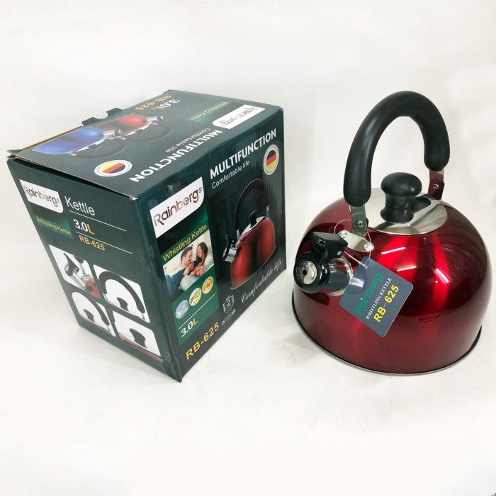 Чайник Rainberg RB-625 з нержавіючої сталі зі свистком 3л, гарний чайник зі свистком. Колір: червоний