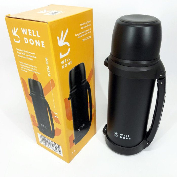 Термос вакуумний 1л Well Done WD-7031B, Термос для кави, Термос похідний. Колір: чорний