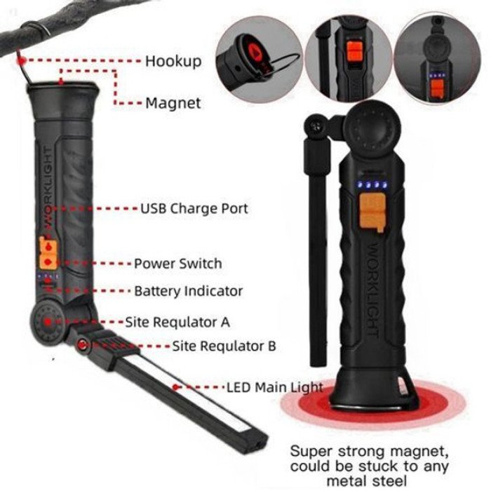 Ліхтар поворотний Worklight G52-LED+COB з магнітом та гаком, Кемпінговий складаний ліхтар